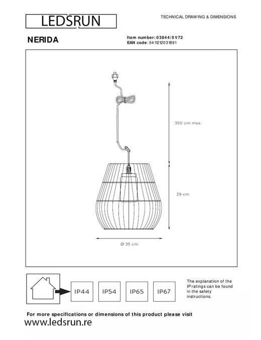Suspension Lucide Nerida 1xE27 35cm IP44,noir