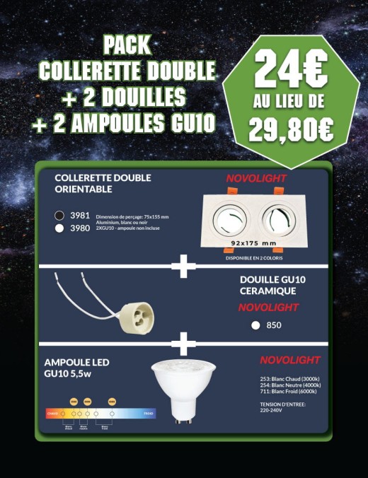 ensemble support double + 2 douilles + 2 ampoules gu10