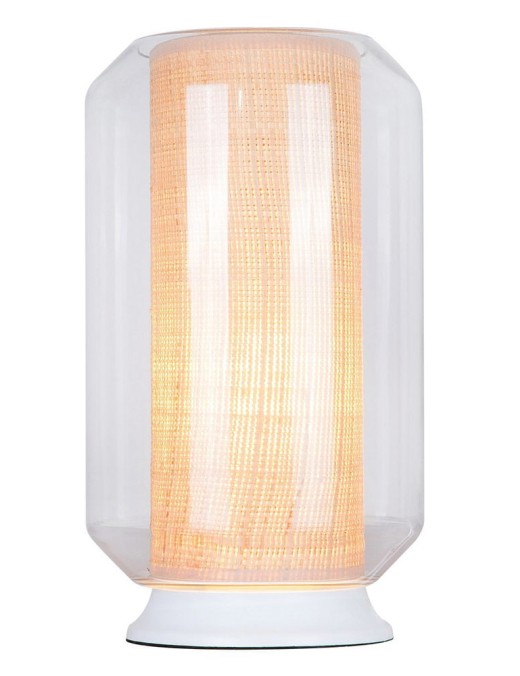 lampe à poser raf (h35cm) en verre, raphia naturel et métal blanc