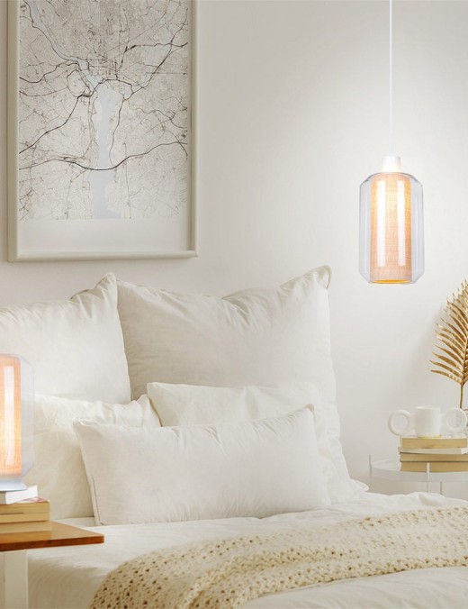 lampe à poser raf (h35cm) en verre, raphia naturel et métal blanc