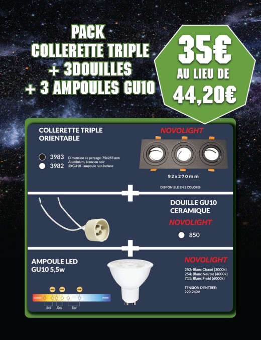 ensemble support triple + 3 douilles + 3 ampoules gu10