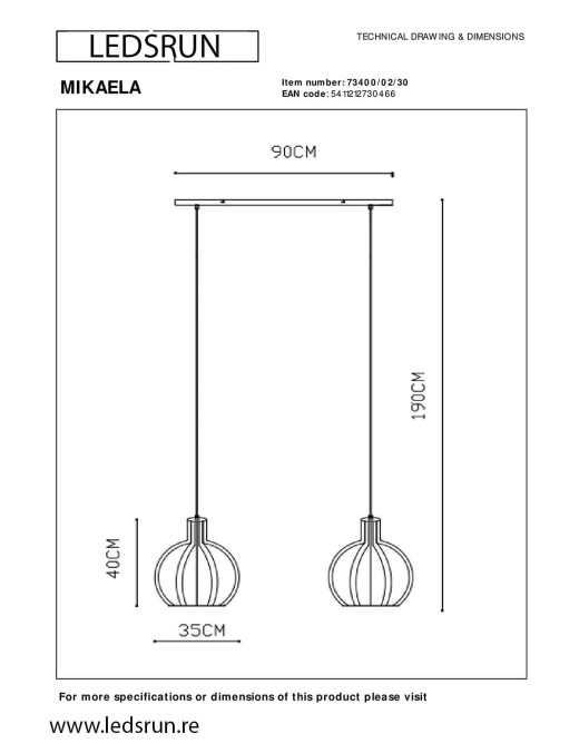 Suspension barre Lucide Mikaela 2xE27 90cm,noir
